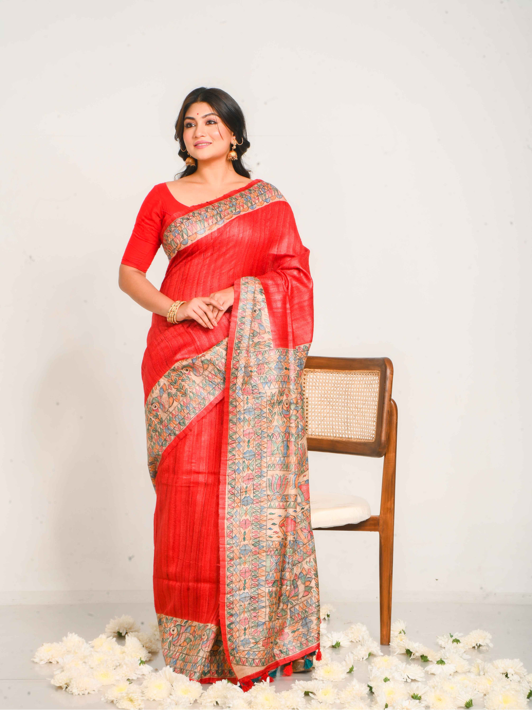Madhubani Hand Paint Tussar Saree in Shades of Red- BSHP36